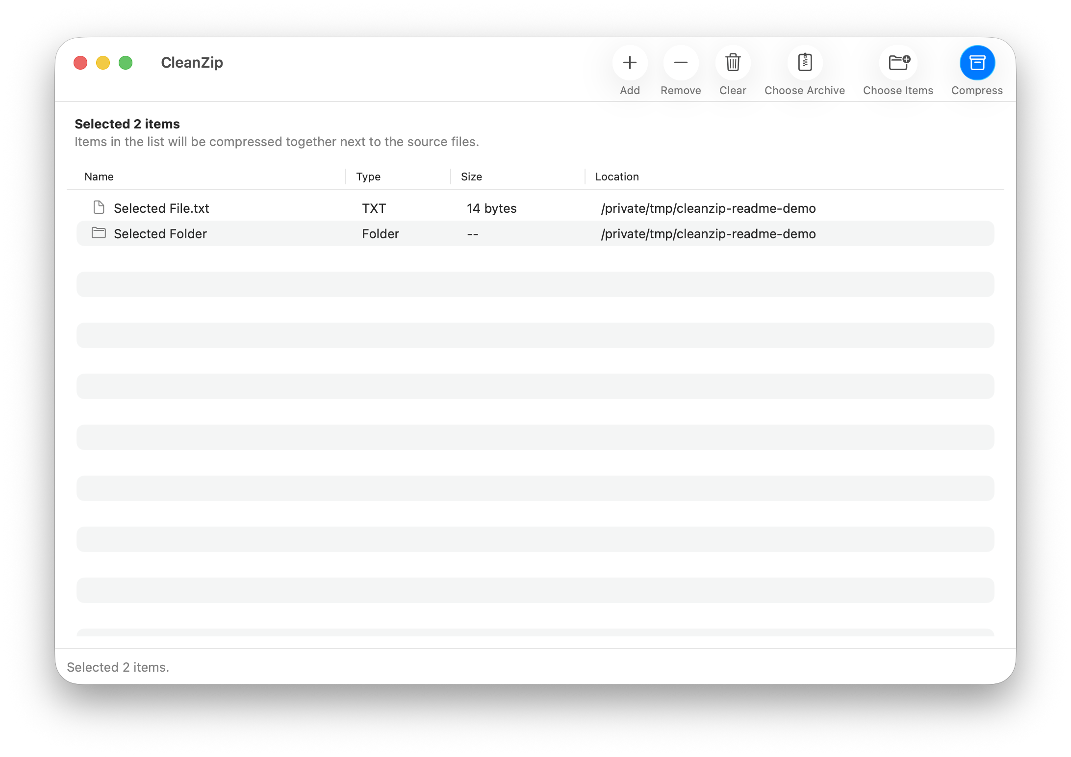 CleanZip selected items window showing files and folders ready for compression